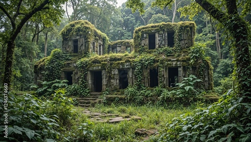 Explore the mystique of an ancient stone temple enveloped by lush jungle greenery where natures tenacity triumphs over human architecture photo