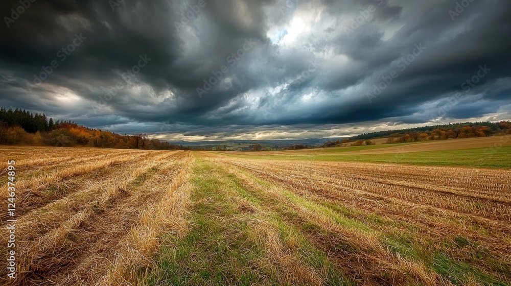 Dramatic Cloudy Sky Over Serene Rural Landscape at Dusk Dramatic Cloudy Sky Over Serene Rural Landscape at Dusk