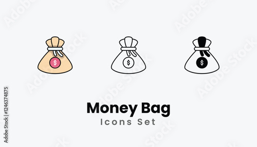 Money Bag Icons thin line and glyph vector icon stock illustration