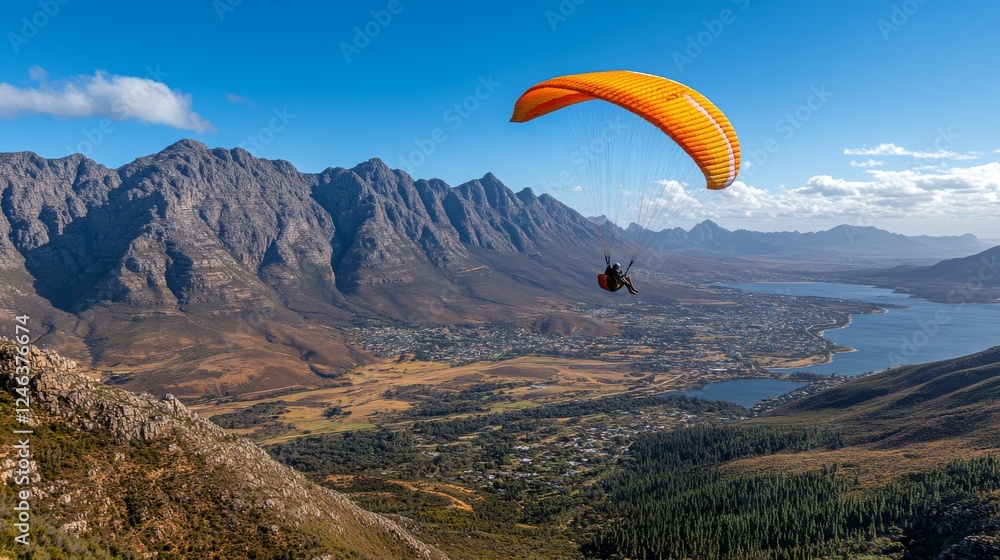 A thrilling view of a person paragliding high above a scenic landscape, soaring over mountains and valleys. A thrilling view of a person paragliding high above a scenic landscape, soaring over mountains and valleys.