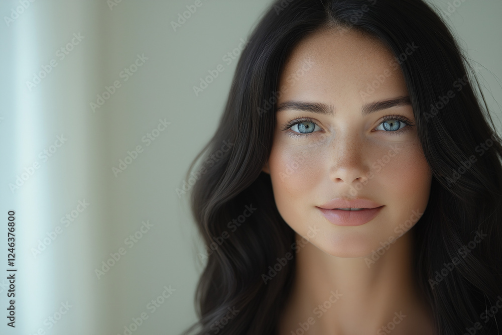 A beautiful woman with a medium skin tone, shoulder-length dark hair, and blue eyes is featured in an editorial beauty shoot for the skincare brand Staud. She poses against a cream-colored background A beautiful woman with a medium skin tone, shoulder-length dark hair, and blue eyes is featured in an editorial beauty shoot for the skincare brand Staud. She poses against a cream-colored background