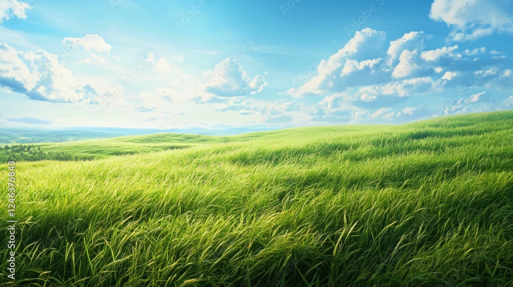 Fototapeta premium Lush Green Landscape Under a Bright Blue Sky with Fluffy Clouds