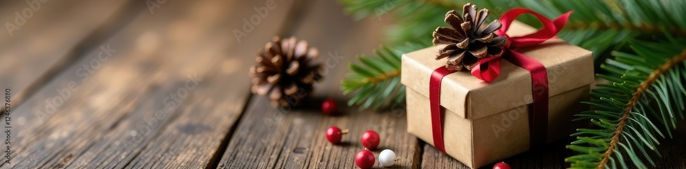 Gift box and pine cone on a rustic wooden table, decoration, pine, holiday