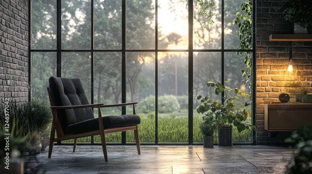 Cozy chair in serene interior with large windows and sunset view Cozy chair in serene interior with large windows and sunset view