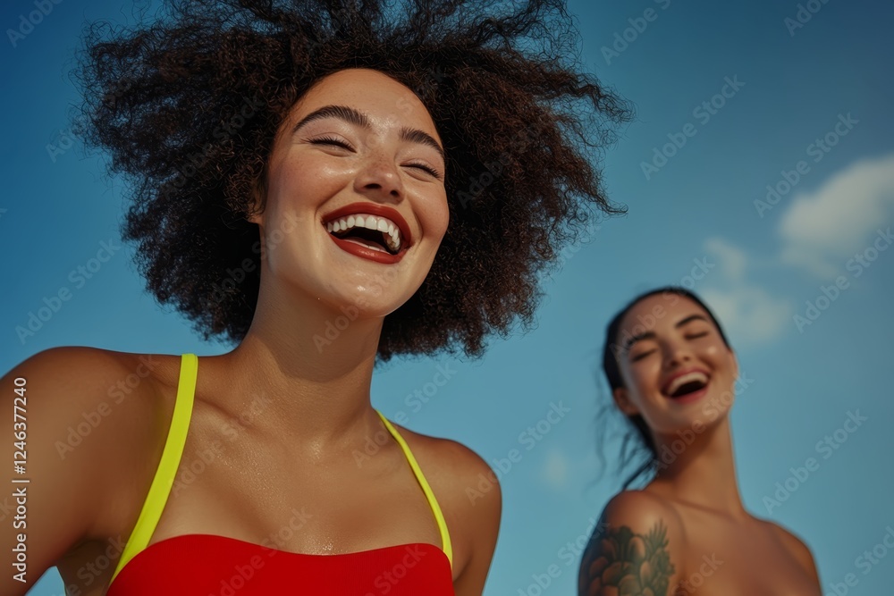 Smiling women enjoying a sunny day at the beach with clear blue skies and bright summer vibes Smiling women enjoying a sunny day at the beach with clear blue skies and bright summer vibes