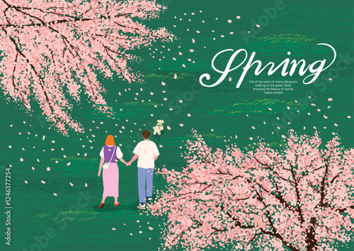 People walking with their dogs in a field park with cherry blossom trees in full bloom
