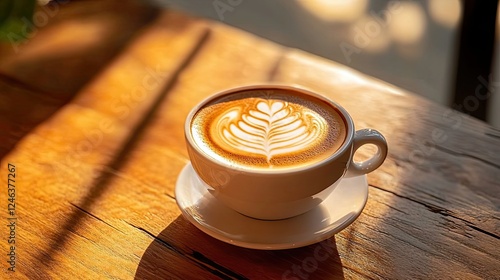 Aromatic Latte in Sunlight on Wooden Table photo