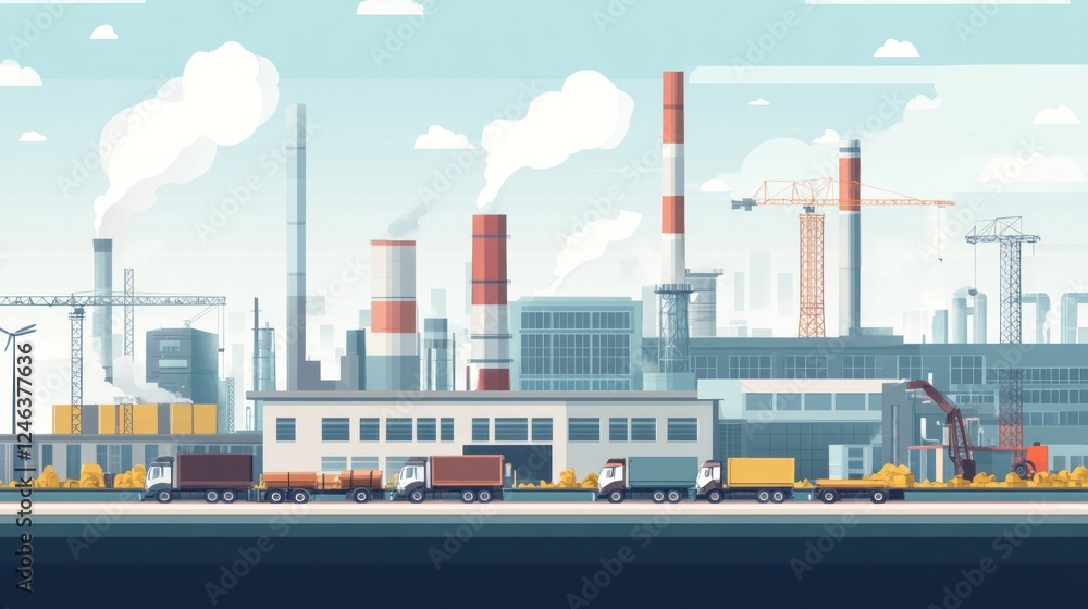 Obraz premium A stylized industrial scene featuring factories, trucks, and construction elements.