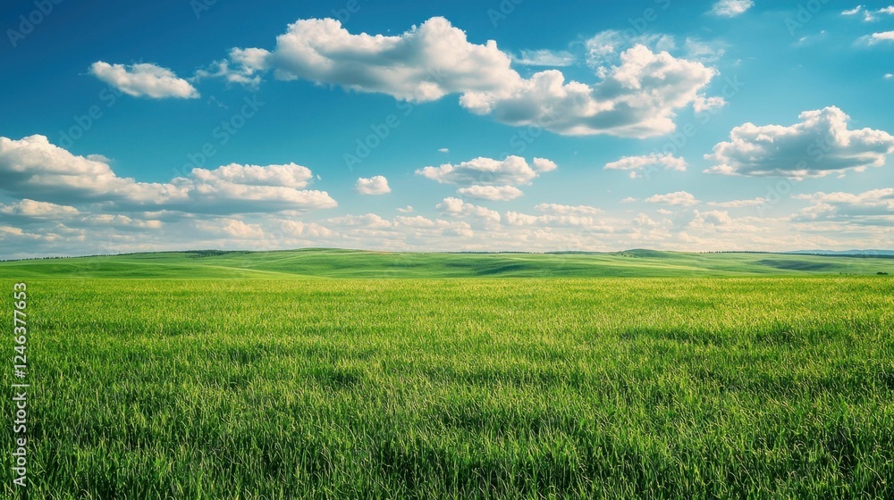 Fototapeta premium Green Prairie Landscape Under Bright Blue Sky with Fluffy Clouds