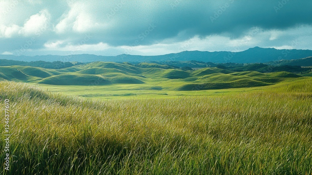 Fototapeta premium Lush Green Rolling Hills Under Dramatic Cloudy Sky Landscape