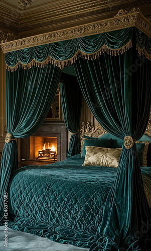 A deep emerald green velvet bed sheet with a diamond-stitched pattern, covering a grand four-poster bed in a luxury mansion. The rich fabric catches the light, adding depth and sophistication. Matchin photo