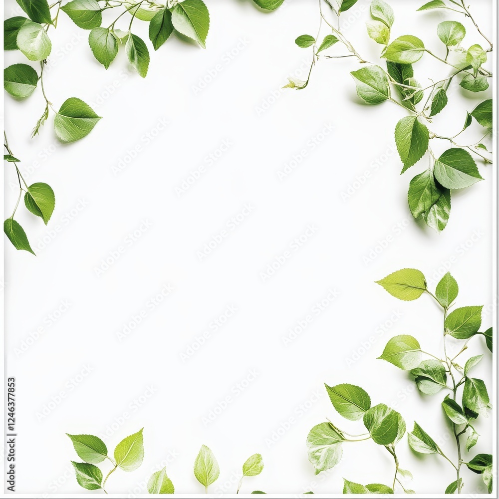 Green leaves frame, white background, nature, design element Green leaves frame, white background, nature, design element