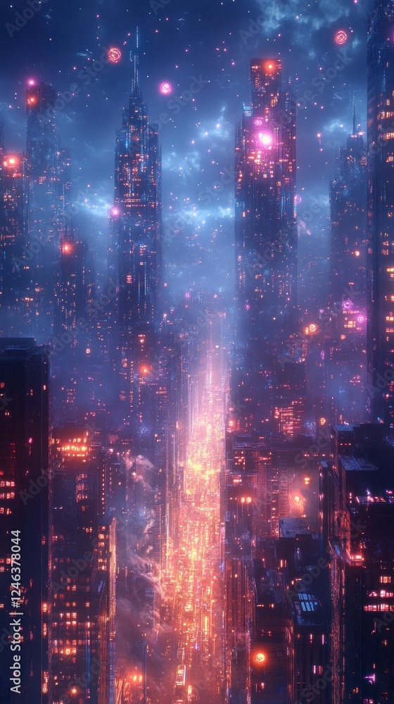 Fototapeta premium Futuristic Cityscape at Night: A Cyberpunk Dream