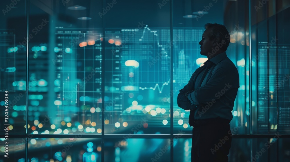 Business professional observes city skyline with digital data projection during evening hours in a modern office