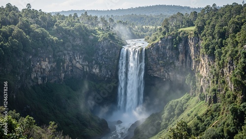 Majestic waterfall cascading into a verdant canyon with mist creating an enchanting atmosphere