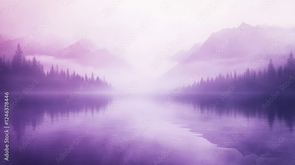 Fototapeta premium Soft Purple Haze Envelops a Serene Lake Surrounded by Misty Mountains During Early Morning Light