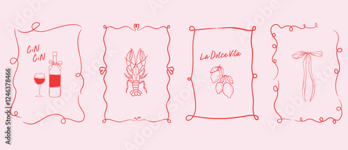 Hand drawn doodle frame and food and drink line art icons. Dolce vita, Cin Cin text. Perfect for invitations, menu card, restaurant decor, kitchen art, postcard.