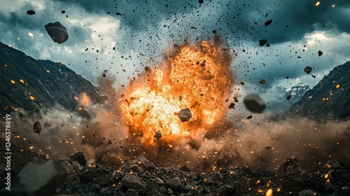 Dramatic Explosion with Flying Debris in Mountain Landscape