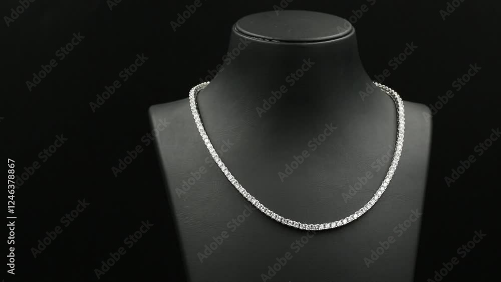 A stunning double-layered diamond necklace displayed on a sleek black jewelry bust, exuding elegance and sophistication. This high-quality 4K close-up video captures the intricate details. A stunning double-layered diamond necklace displayed on a sleek black jewelry bust, exuding elegance and sophistication. This high-quality 4K close-up video captures the intricate details.