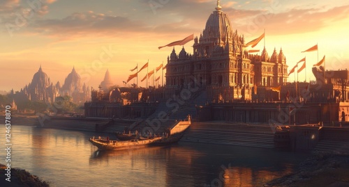 Sunrise over ancient riverside palace, temple city