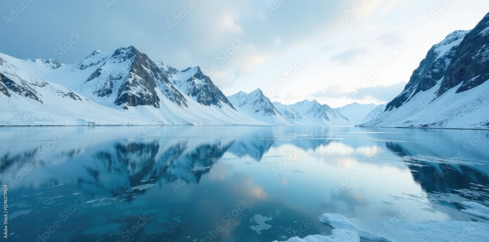 Obraz premium Frozen lake with surrounding mountains at Northern tip of Prins Karls Forland Spitsbergen, landscape, geography