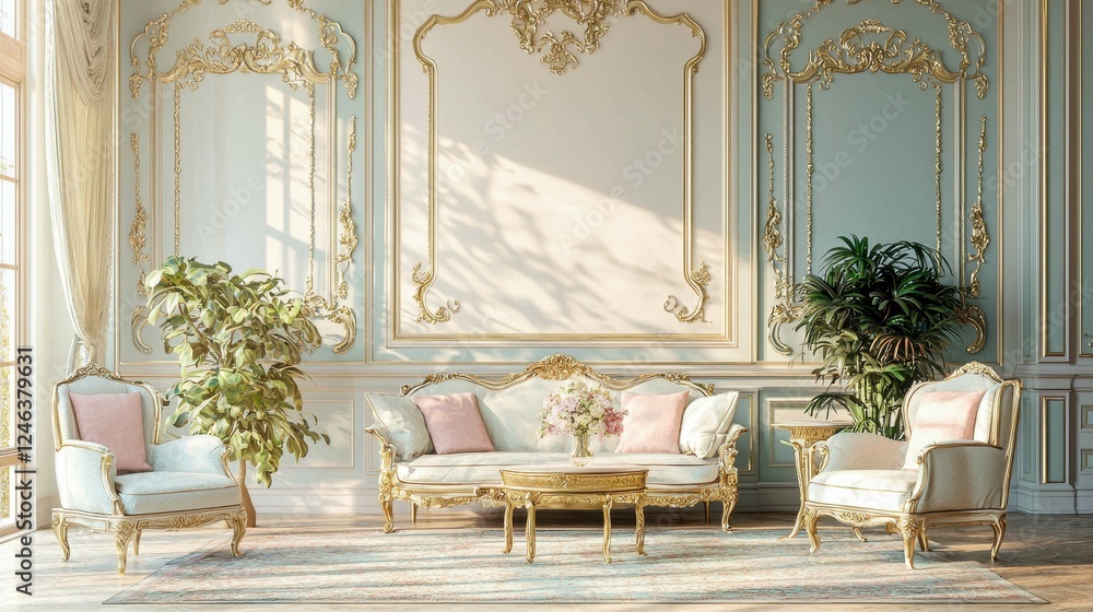 Fototapeta premium Elegant Living Room with Golden Accents and Luxurious Decor