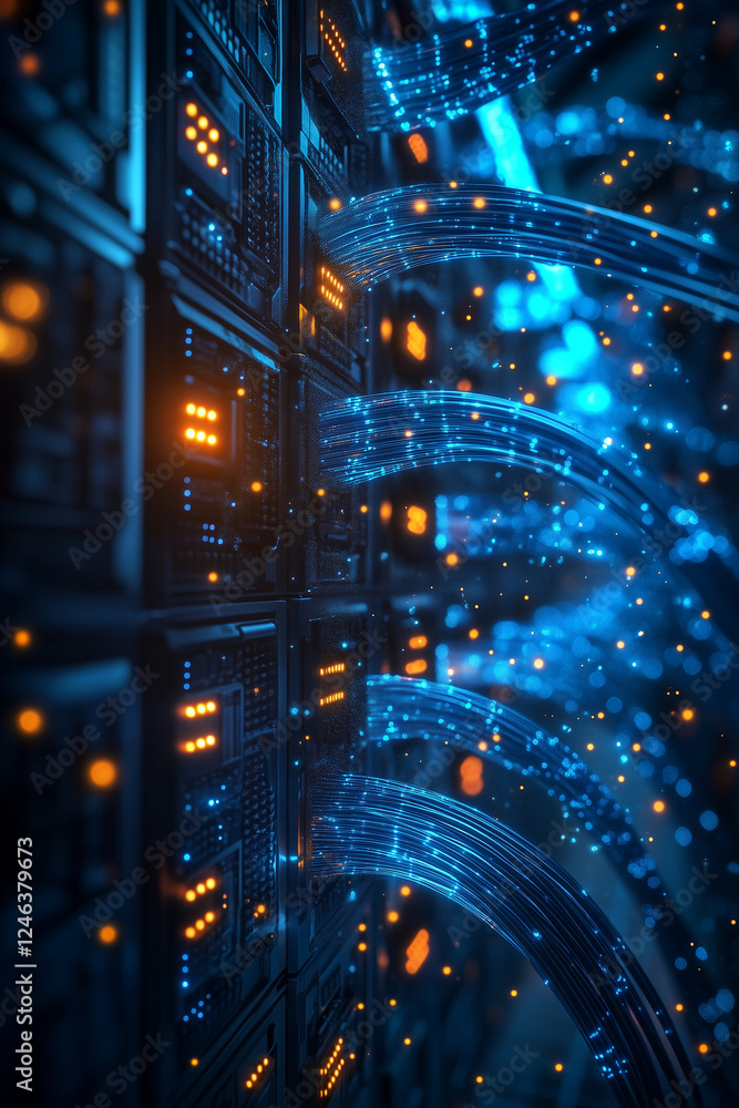 Fototapeta premium Futuristic data server with glowing digital connections, vertical high-tech network illustration