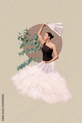 Vertical sketch 3d collage of glamour girl ballerina wear feather fan dancer leaves plant sport exercise practicing athlete hobby photo