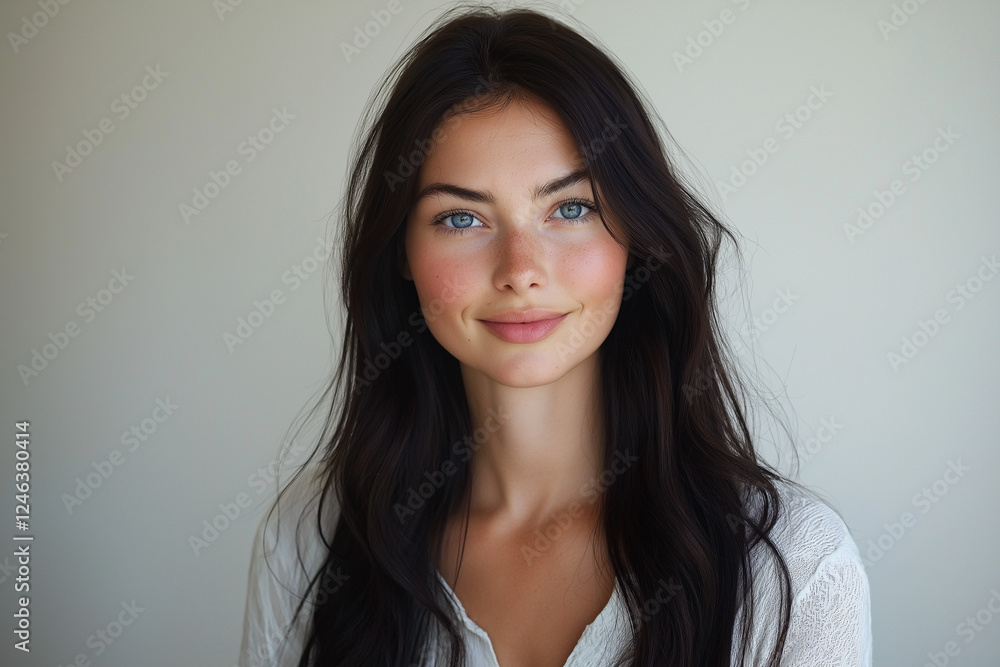 Fototapeta premium A beautiful woman with a medium skin tone, shoulder-length dark hair, and blue eyes is featured in an editorial beauty shoot for the skincare brand Staud. She poses against a cream-colored background 