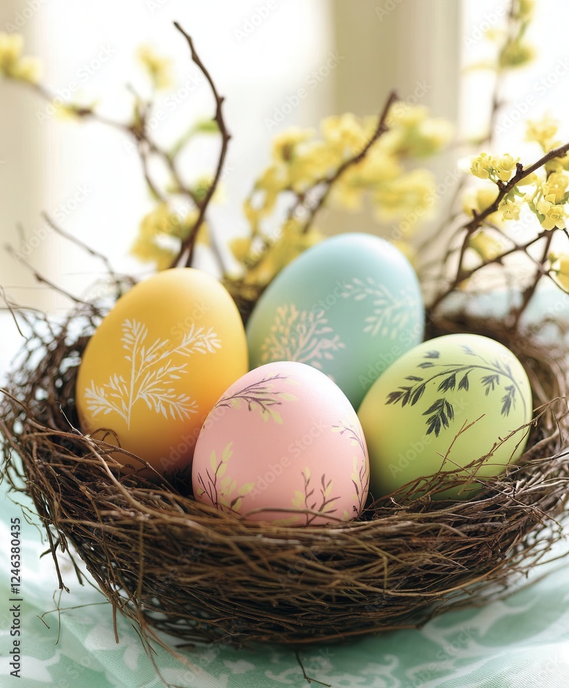 Fototapeta premium A nest containing four eggs is nestled among branches adorned with delicate flowers, showcasing nature's beauty and intricacy.