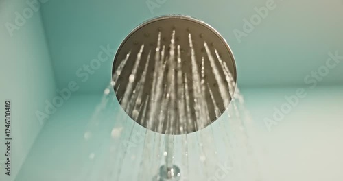 Modern shower head streaming water in bathroom