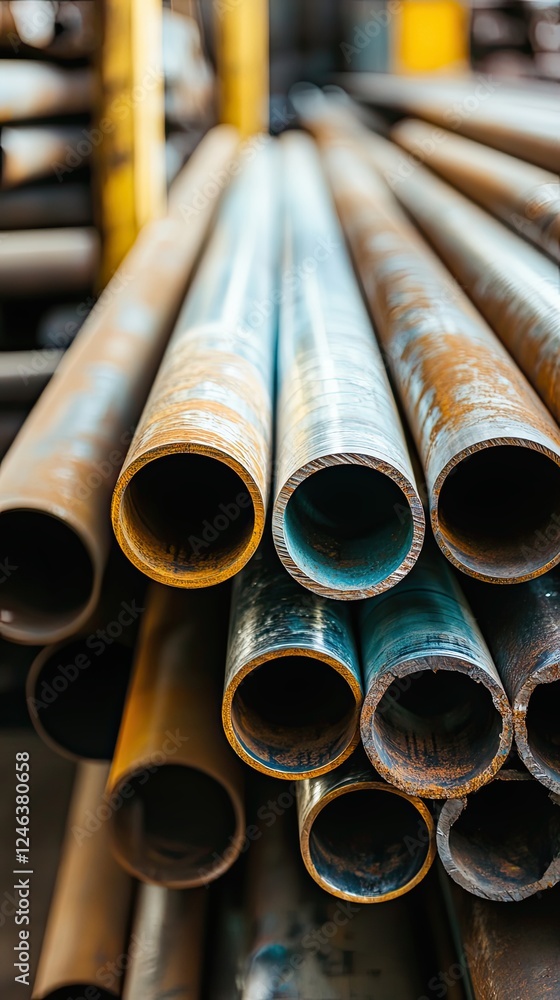 Stacked Rusty Metal Pipes in Industrial Setting Stacked Rusty Metal Pipes in Industrial Setting