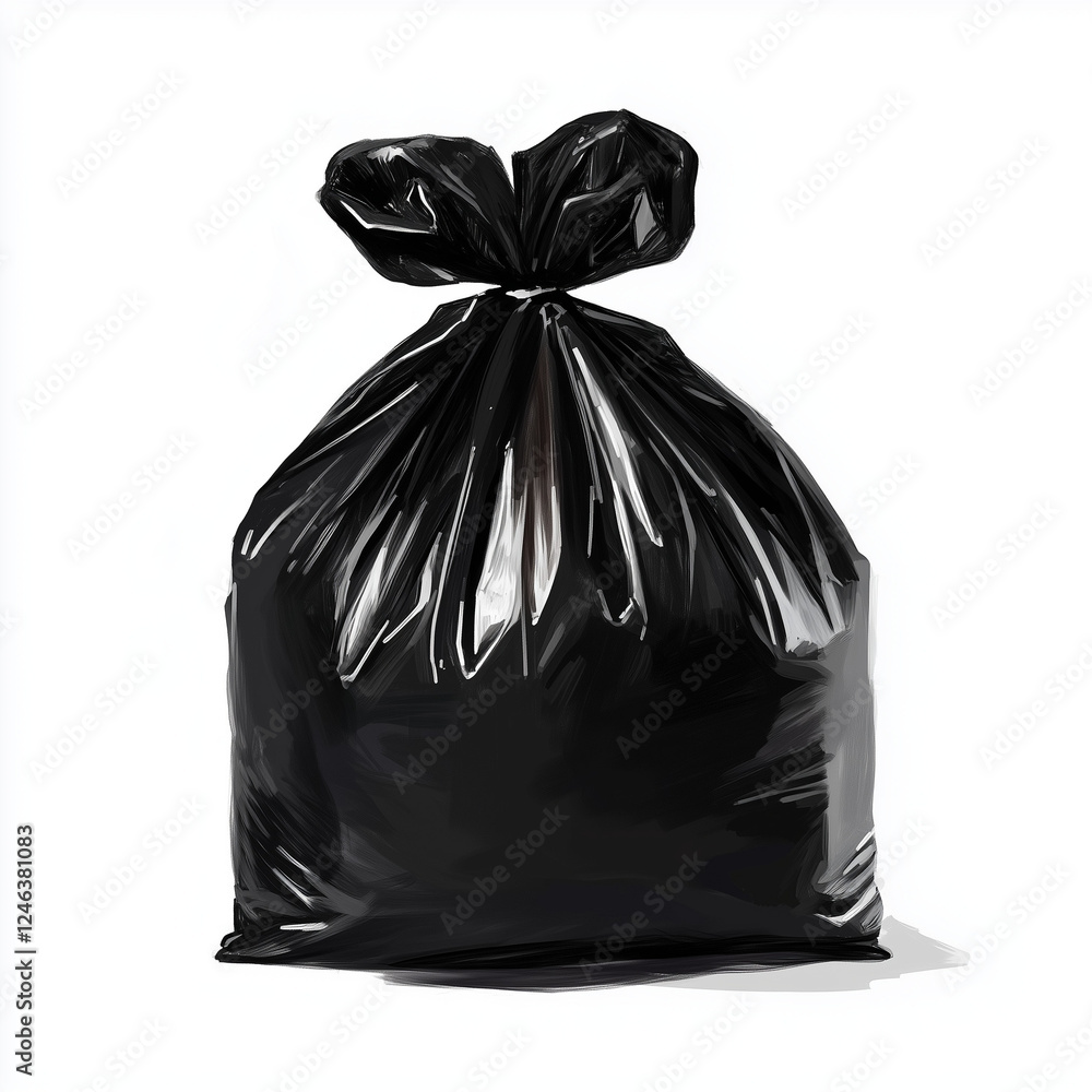 Black plastic garbage bag. Large bag tied at the top, on a white background Black plastic garbage bag. Large bag tied at the top, on a white background