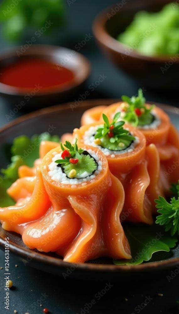 Deep plate filled with salmon salad topped with maki rolls and wasabi, topping, maki rolls, salmon salad Deep plate filled with salmon salad topped with maki rolls and wasabi, topping, maki rolls, salmon salad
