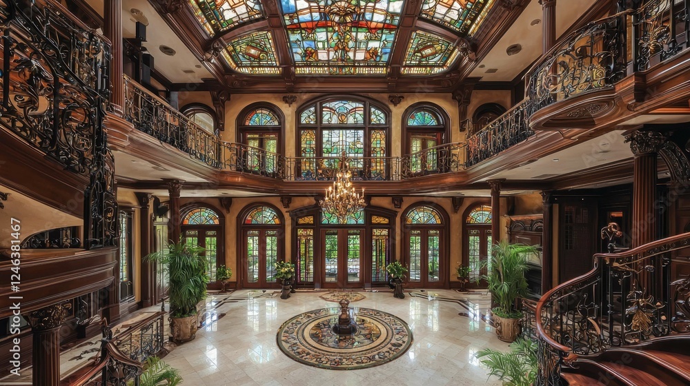Obraz premium Elegant Mansion Interior with Stained Glass Windows and Ornate Design