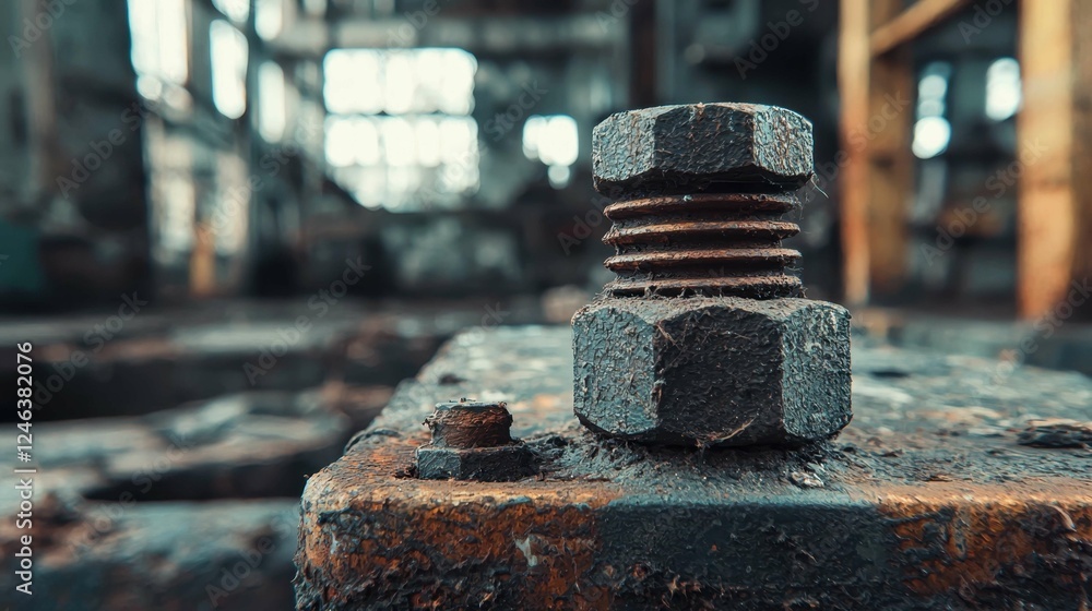 Rusty Bolt and Nut on Industrial Surface in Abandoned Factory Setting Rusty Bolt and Nut on Industrial Surface in Abandoned Factory Setting