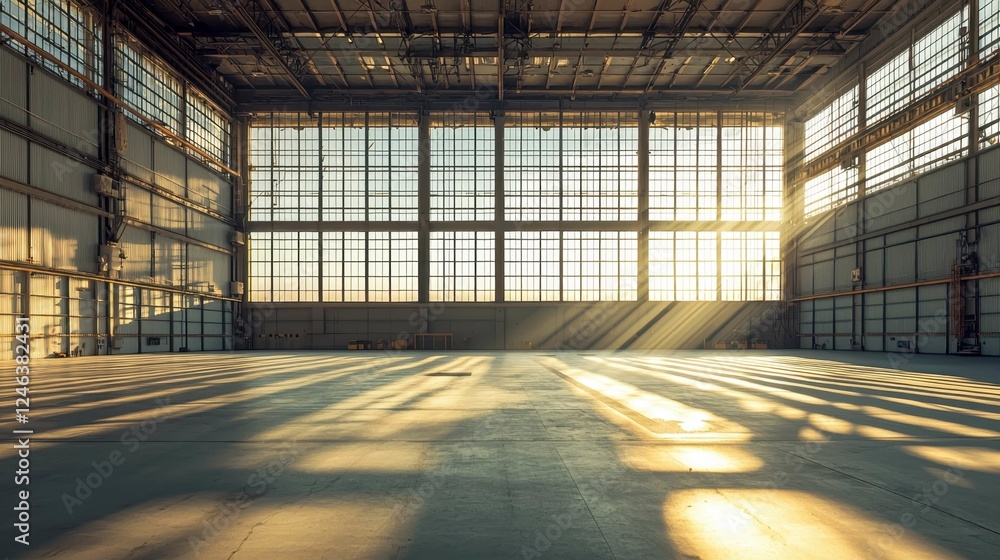 Sunlight Streaming Through Large Windows in an Empty Industrial Space Sunlight Streaming Through Large Windows in an Empty Industrial Space
