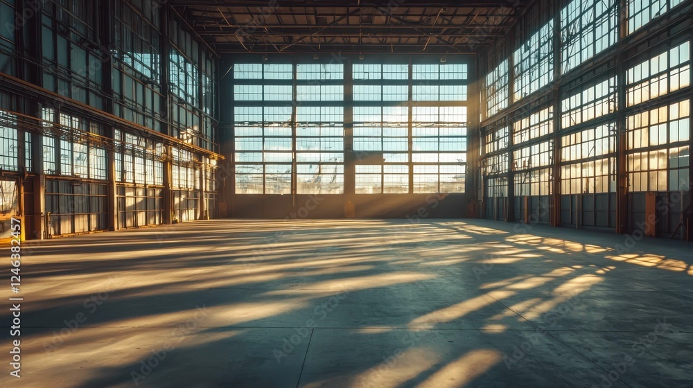 Spacious Industrial Warehouse with Dramatic Light and Shadows Spacious Industrial Warehouse with Dramatic Light and Shadows