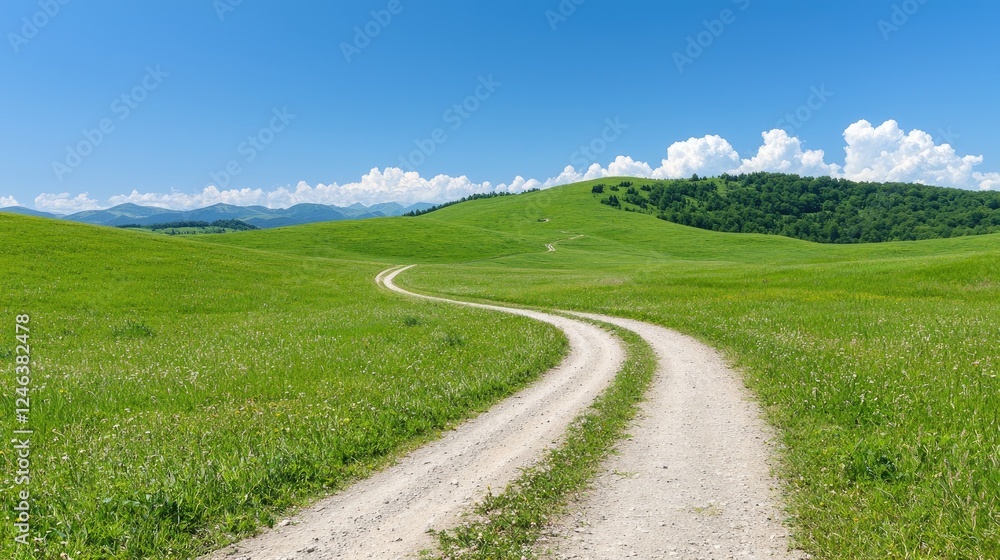 Winding road through green hills, sunny day, mountain backdrop, travel photography Winding road through green hills, sunny day, mountain backdrop, travel photography