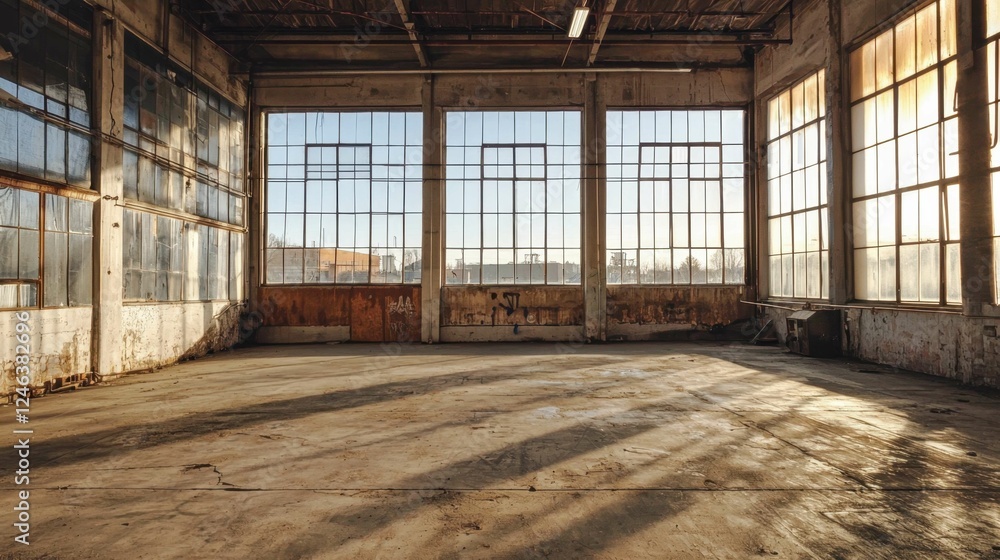 Sunlit Empty Industrial Space with Large Windows and Concrete Floor Sunlit Empty Industrial Space with Large Windows and Concrete Floor