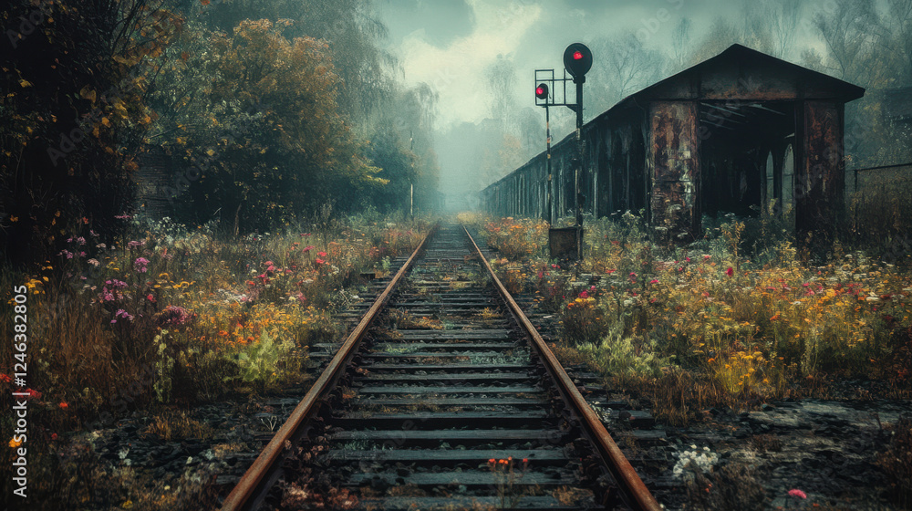 Naklejka premium Train Tracks Lead Through an Overgrown Landscape With a Distant Signal, Capturing a Mysterious Atmosphere in an Abandoned Area