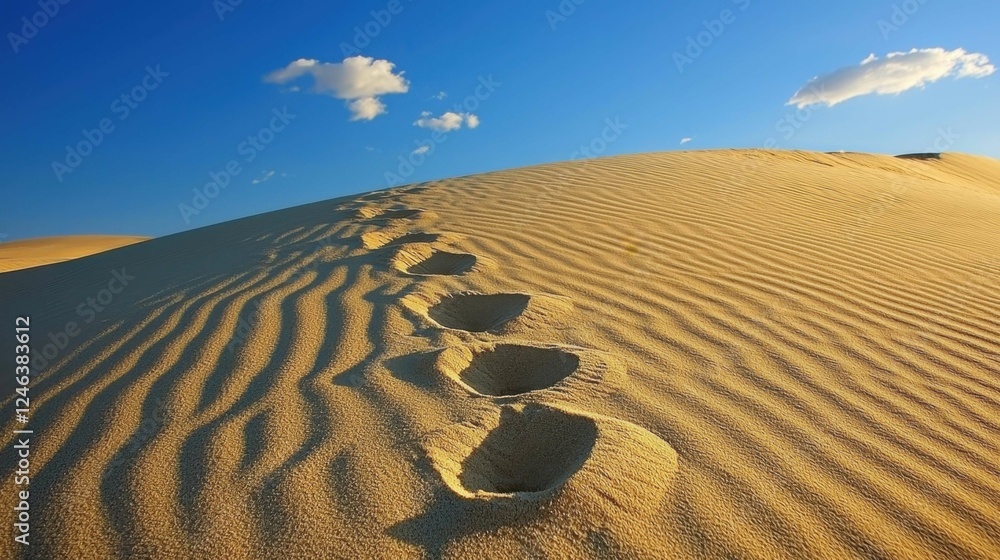 Naklejka premium Footprints on Sandy Dune under Clear Blue Sky with Soft Clouds