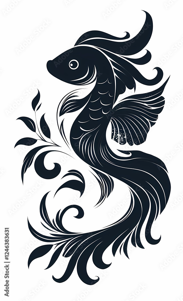 A stylized, flowing fish illustration with decorative swirls, perfect for artistic design elements. A stylized, flowing fish illustration with decorative swirls, perfect for artistic design elements.