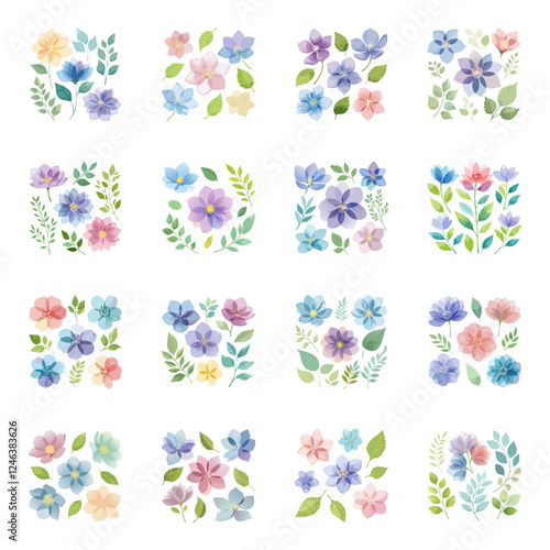 Artistic Watercolor Multicolor Designs.Leaf MedleySeamless floral pattern with blue viola flowers.Set of Watercolor pink roses, Rose flower Decoration for Mother's day card, weddings, wedding design, 