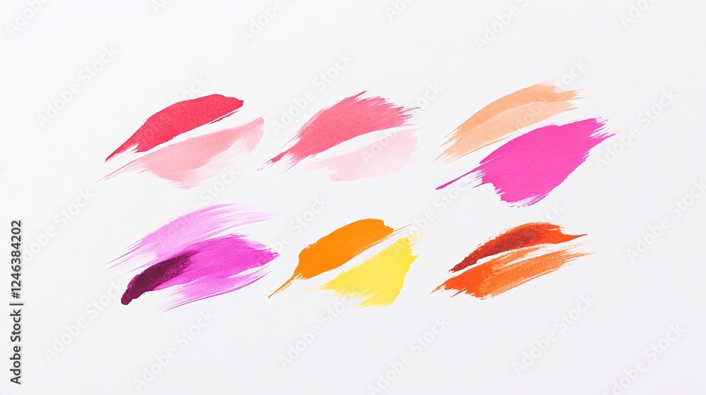 Fototapeta premium Watercolor lip prints in various shades of red, pink, and orange. Lip prints in different colors, showcasing vibrant lipstick shades on a light pink background. Element vector collection.
