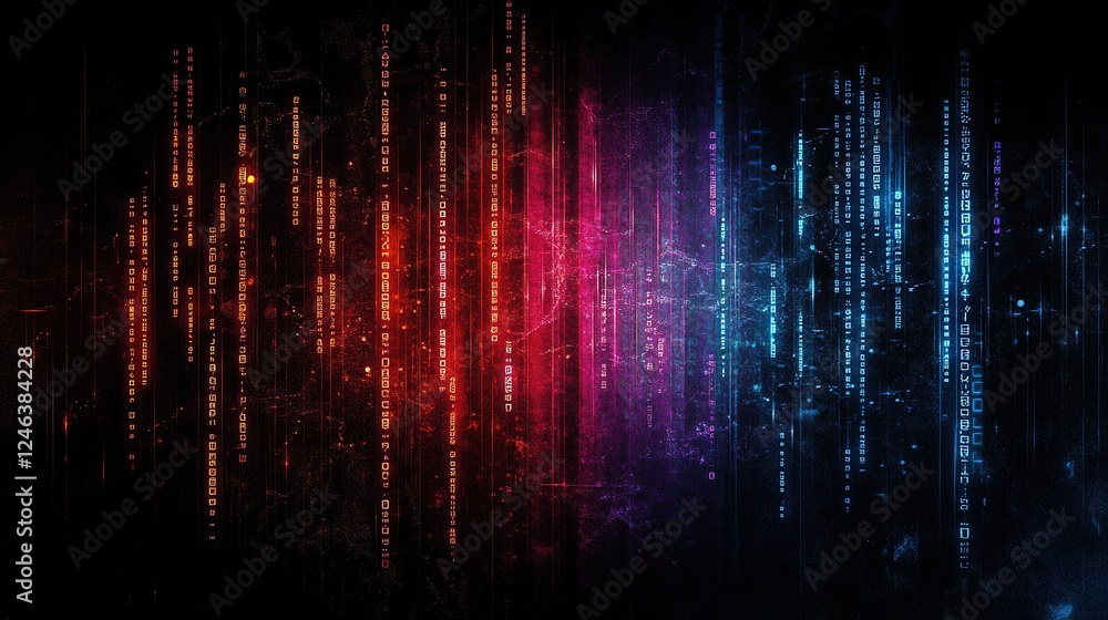 An abstract representation of digital data flow, with neon lights and binary codes, symbolizing technology and information. An abstract representation of digital data flow, with neon lights and binary codes, symbolizing technology and information.