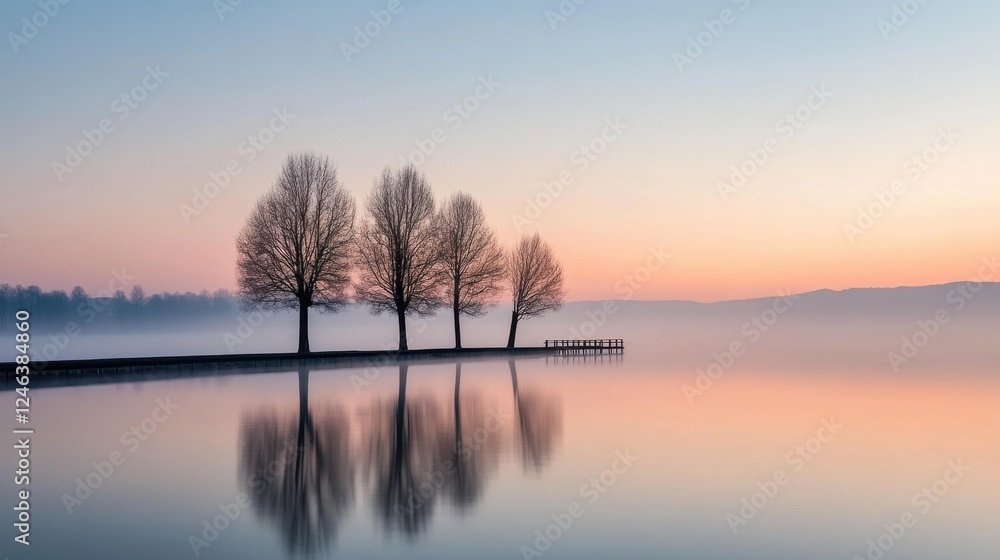 Serene sunset over lake with reflection of bare trees and misty horizon Serene sunset over lake with reflection of bare trees and misty horizon