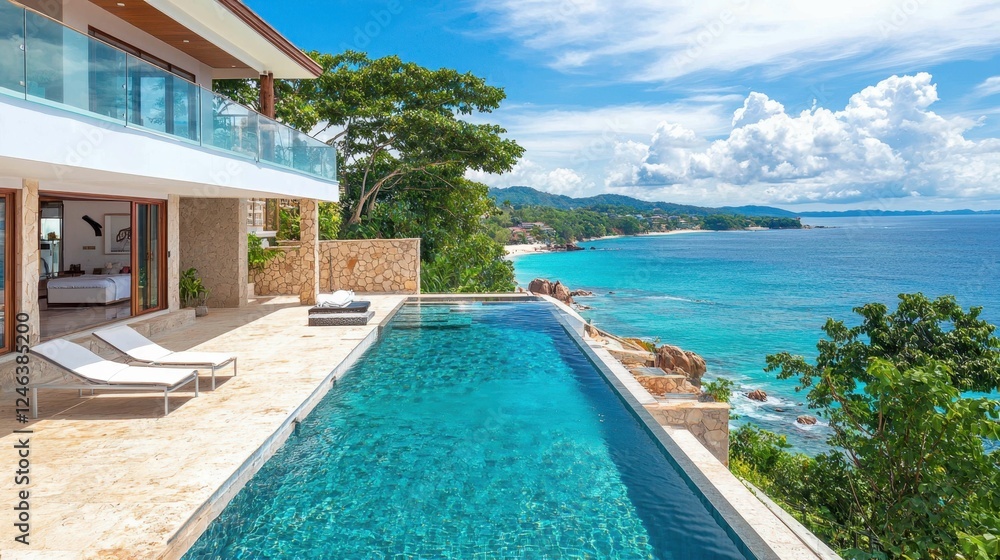 Fototapeta premium Luxurious Villa Overlooking Scenic Ocean with Infinity Pool