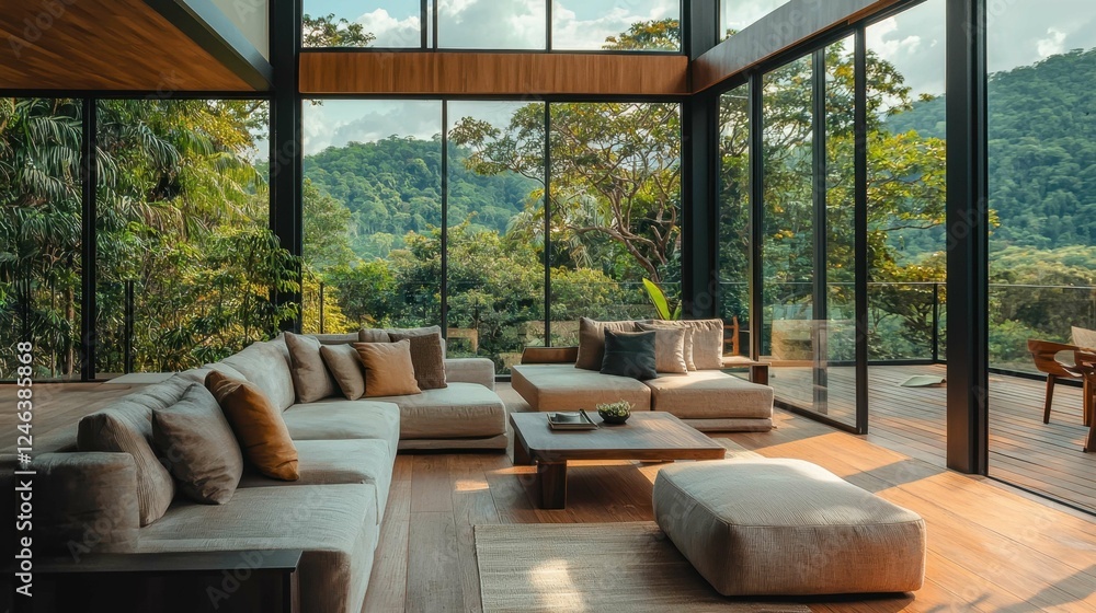 Fototapeta premium Modern Living Room with Floor-to-Ceiling Windows and Natural View