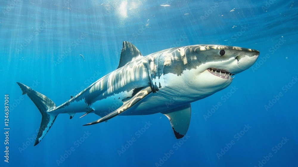 Fototapeta premium Photo of a shark swimming in clear water emphasises the grace and power of the marine predator. Suitable for articles about marine fauna or ecology.